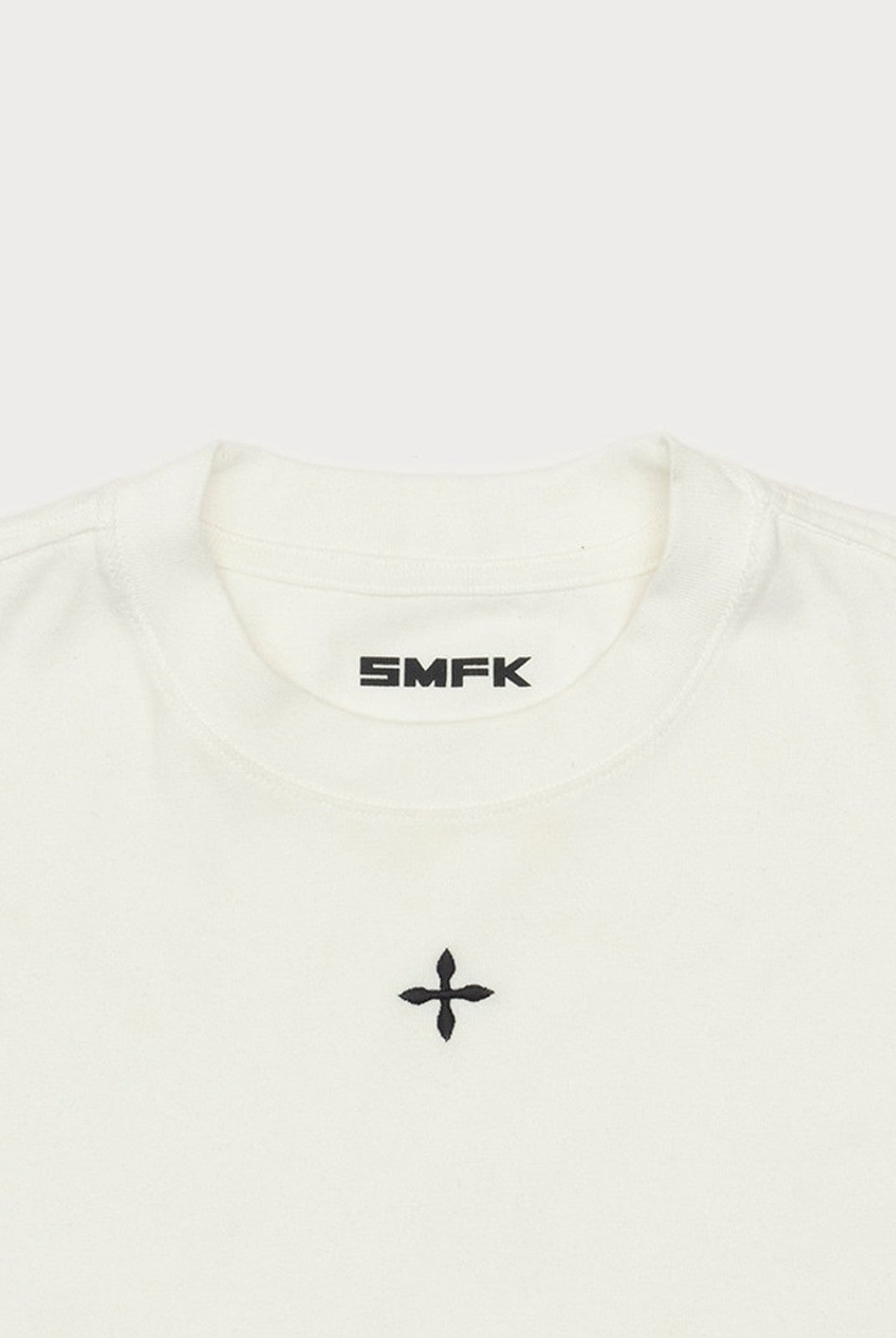SMFK Embroidered Cross Crewneck Tee in White - Detail