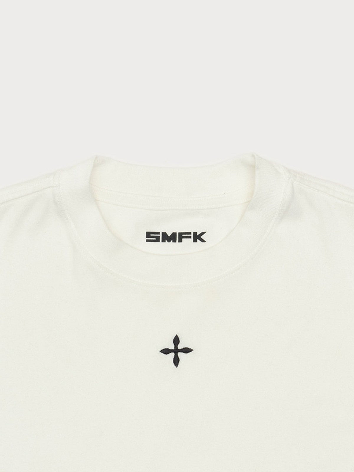 SMFK Embroidered Cross Crewneck Tee in White - Detail