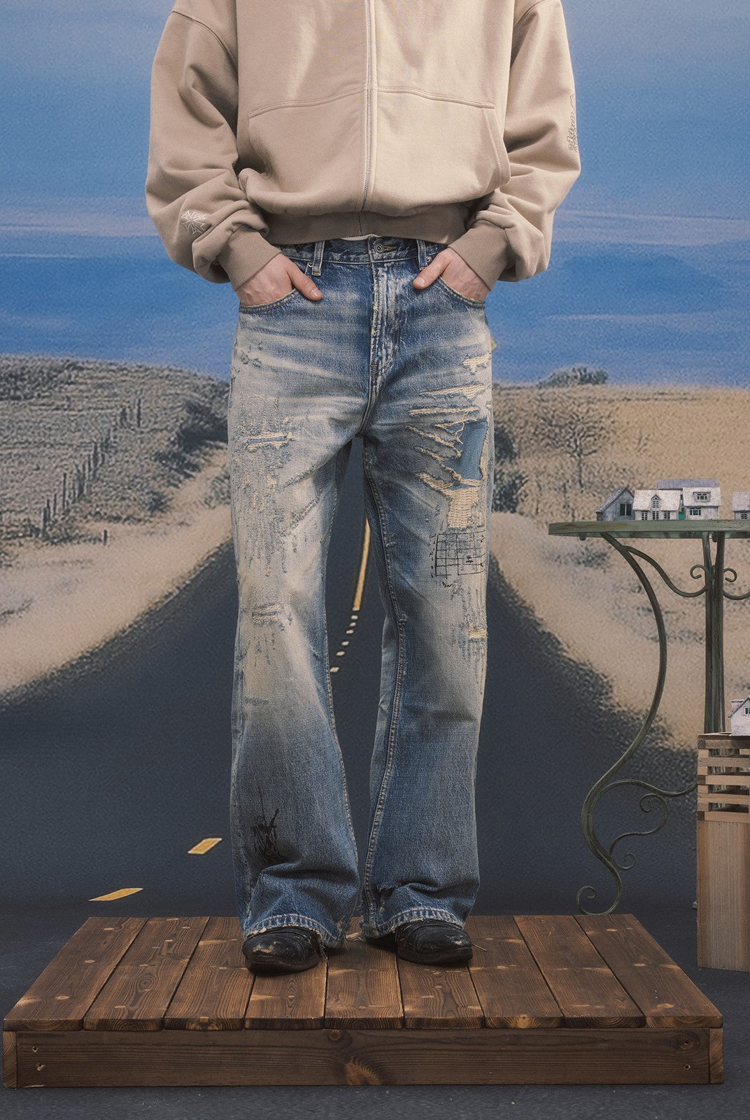 SOD Distressed Graffiti Embroidered Jeans in Blue - On Model