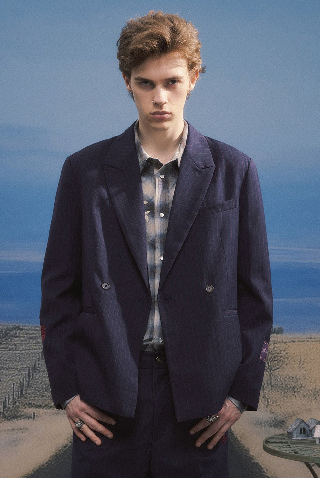 SOD Striped Double Breasted Wool Blend Blazer in Navy Blue - On Male Model
