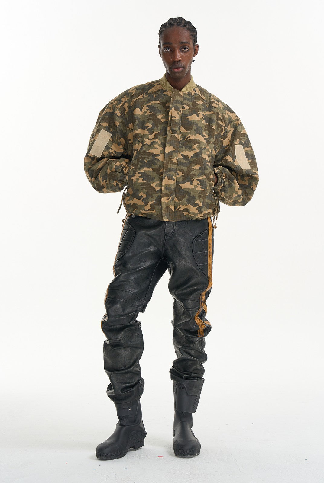 BLINDNOPLAN Heavyweight Cotton Camouflage Bomber in Beige - On Male Model