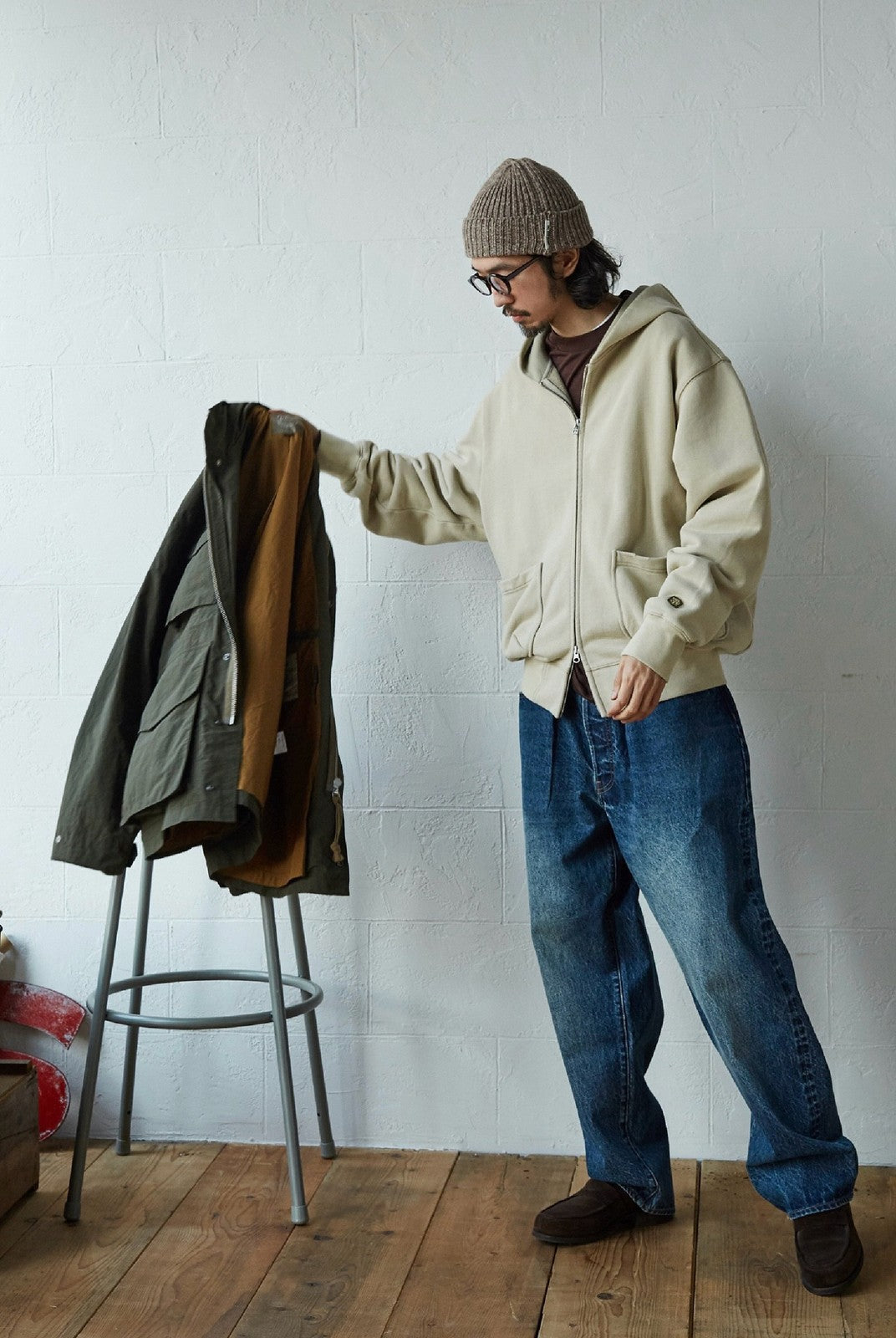 USAGE Hand Distressed Washed Zip Hoodie in Beige - On Male Model