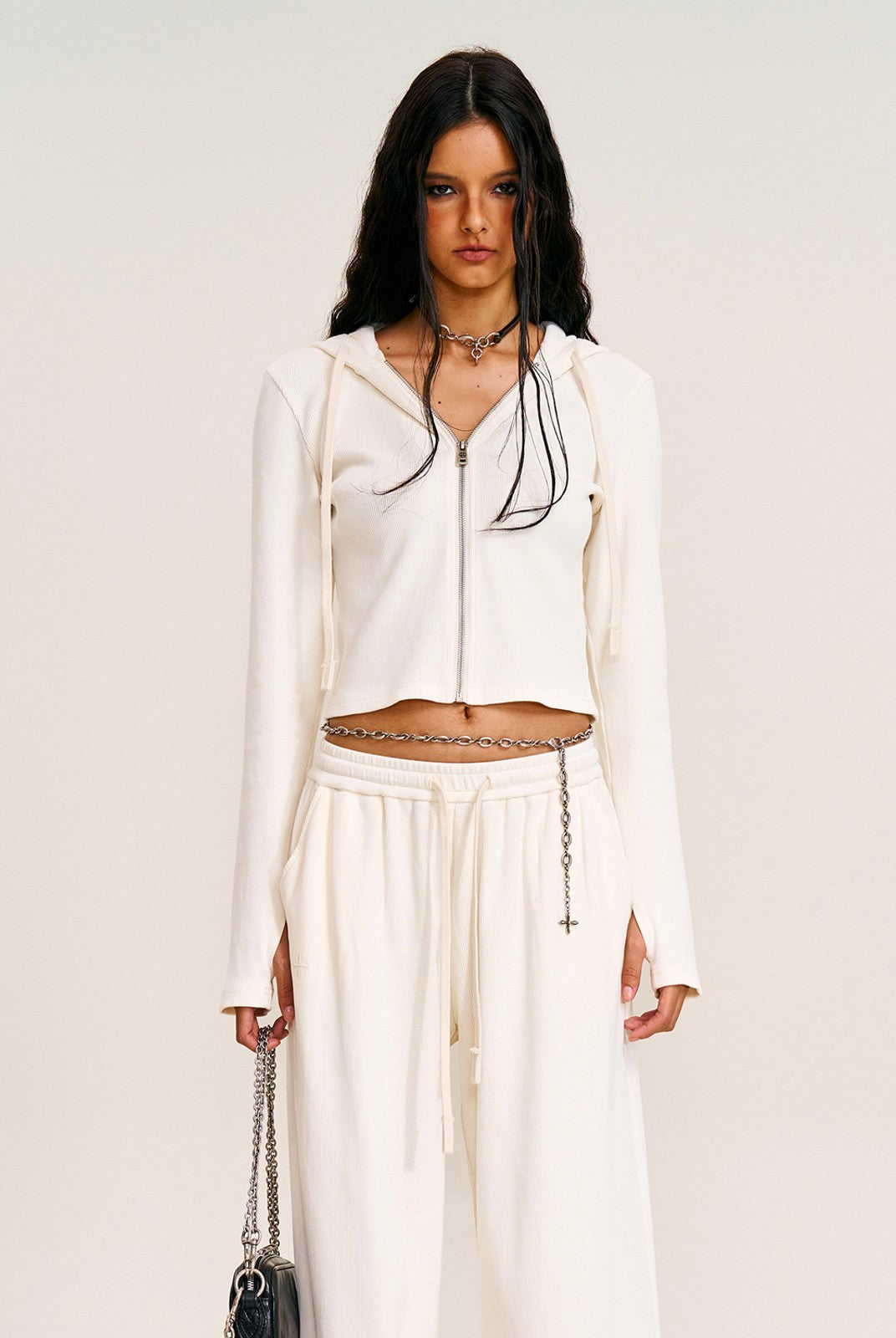 SMFK Washed Ribbed Zip Up Hoodie in Cream - On Female Model