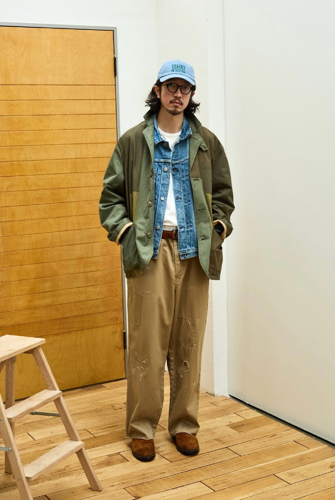 USAGE Cotton Ripstop Patchwork Blazer in Green - On Male Model