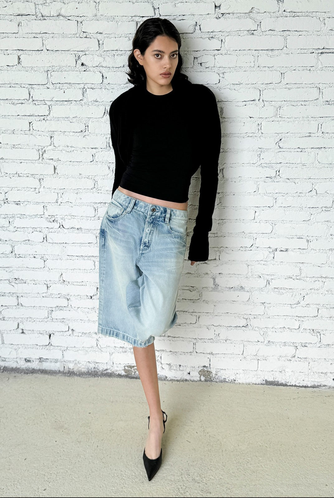 FaxCopyExpress Washed Gardener Denim Shorts in Blue - On Female Model