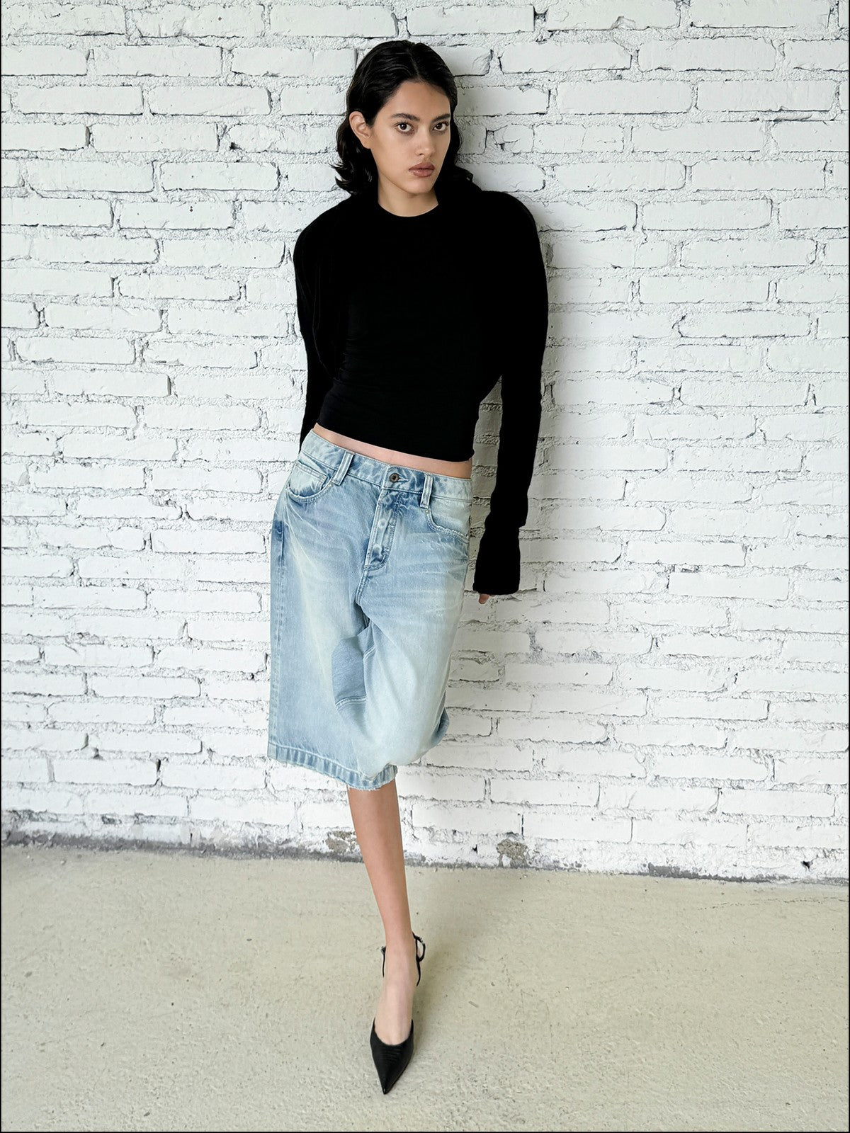 FaxCopyExpress Washed Gardener Denim Shorts in Blue - On Female Model