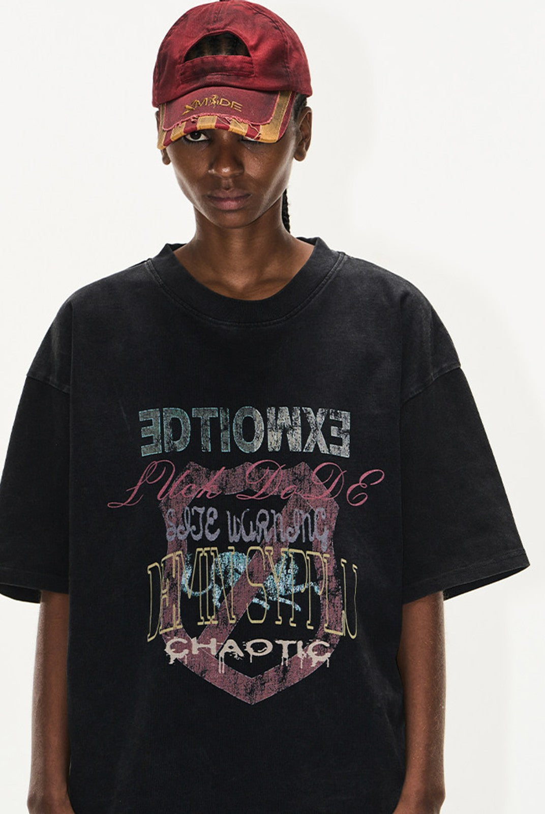 BLINDNOPLAN Distressed Overlapping Graphic T Shirt in Black - On Model