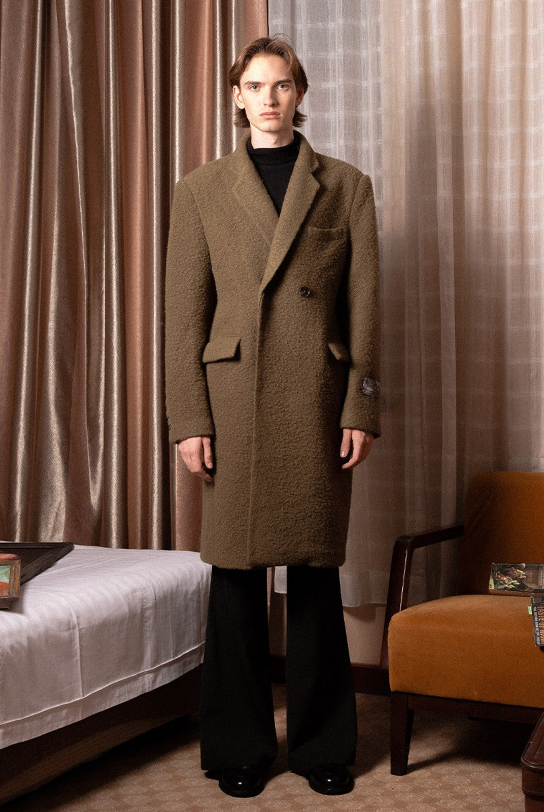 SOD Oversized Double Breasted Wool Blend Coat in Green - On Male Model