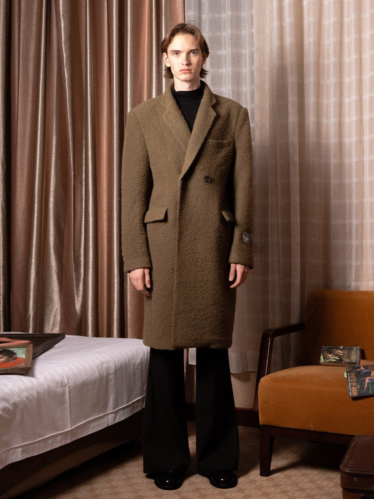 SOD Oversized Double Breasted Wool Blend Coat in Green - On Male Model