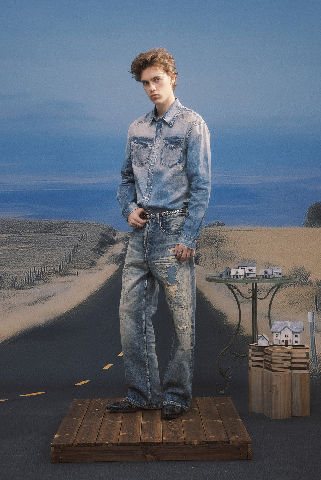 SOD Distressed Ink Splatter Denim Shirt in Blue - On Male Model