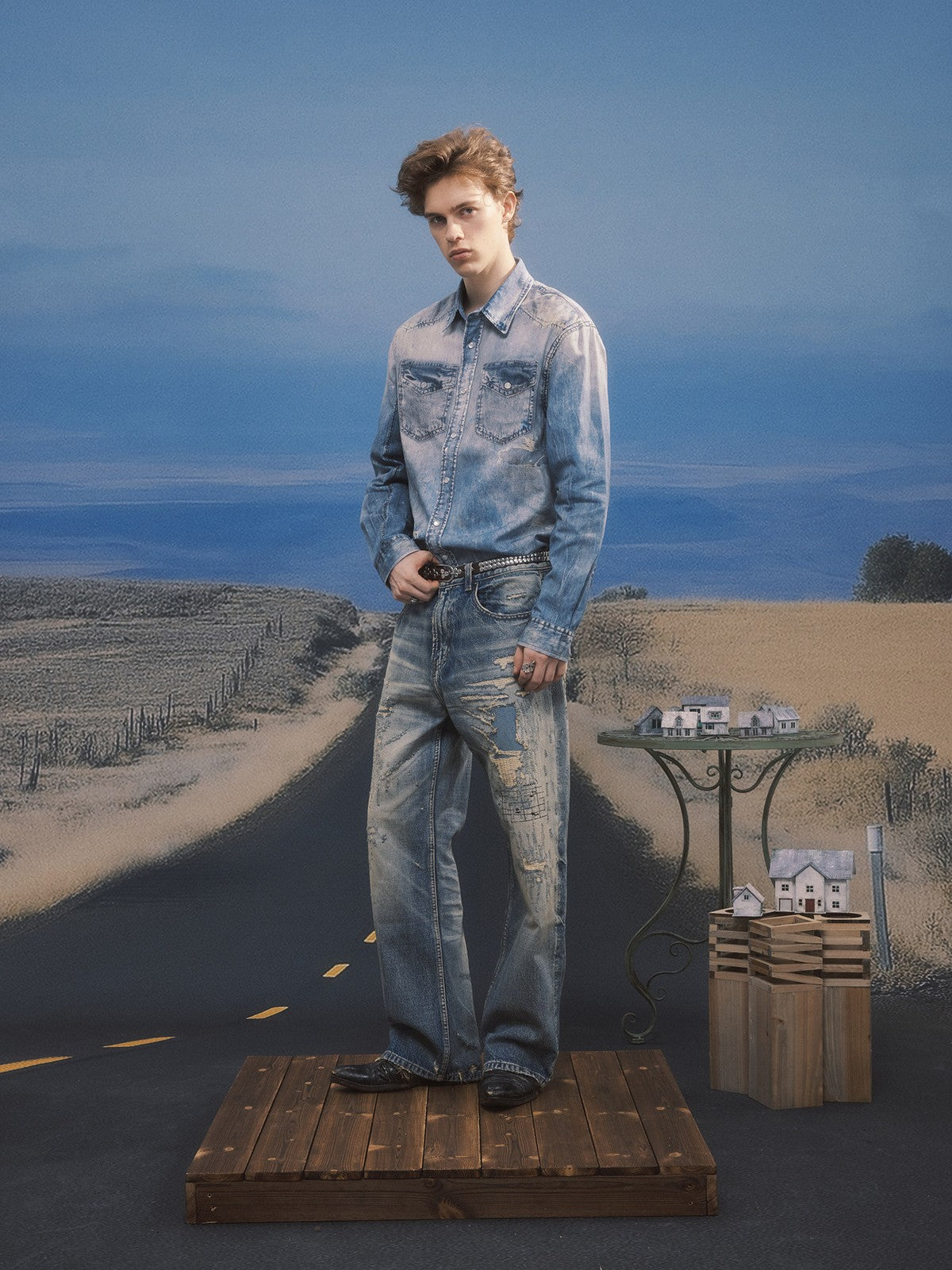 SOD Distressed Ink Splatter Denim Shirt in Blue - On Male Model