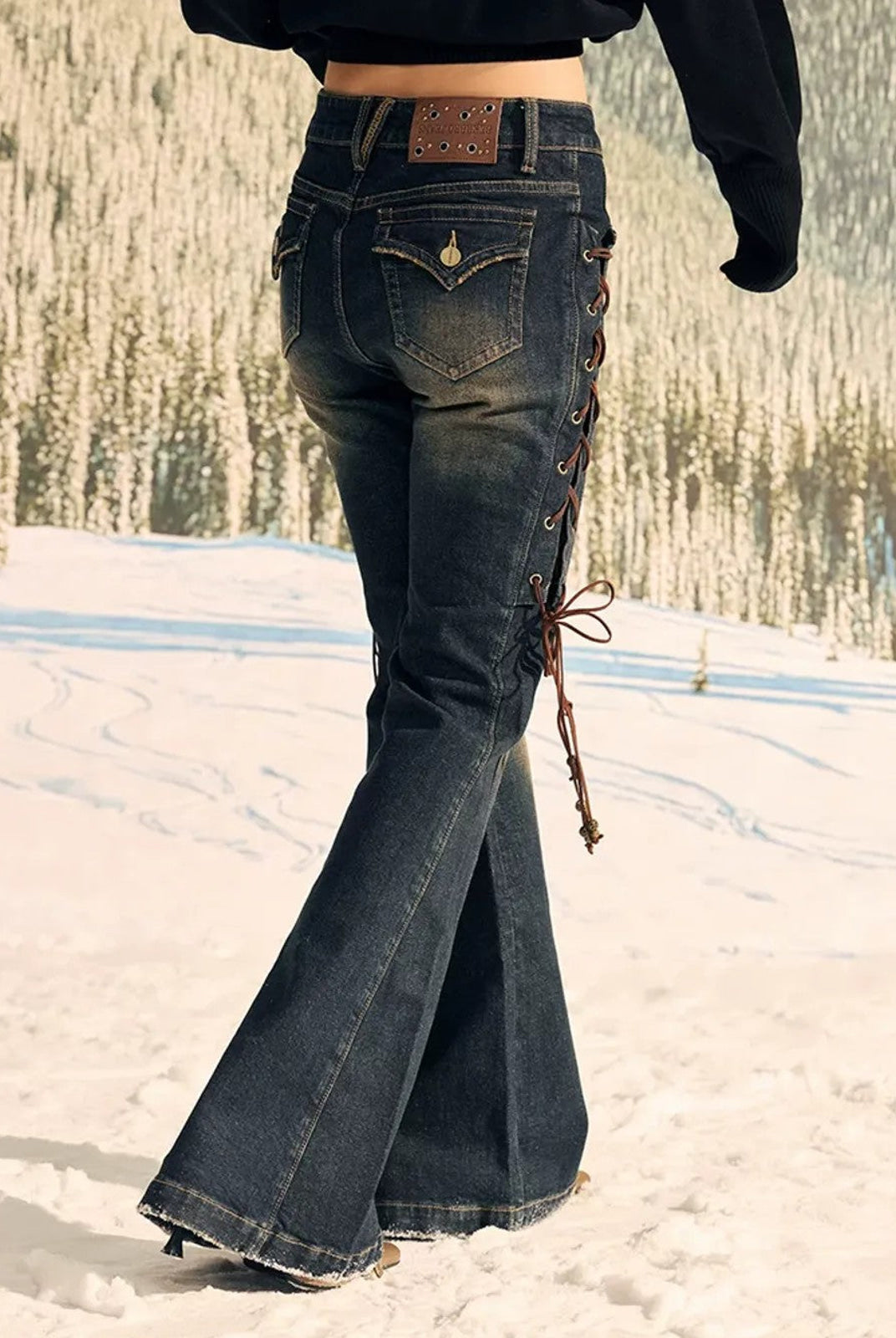 BeerBro Side Lace Up Low Rise Flare Jeans in Blue - On Model