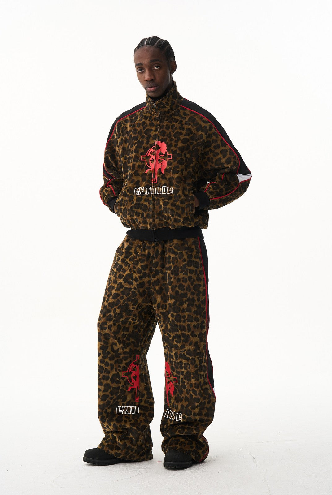 BLINDNOPLAN Leopard Print Zip Up Jacket in Brown - On Male Model