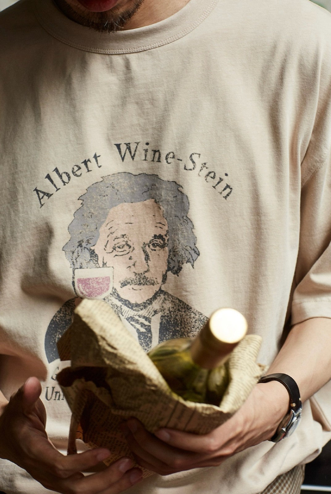 USAGE Vintage Wash Einstein Graphic T Shirt in Beige - On Male Model
