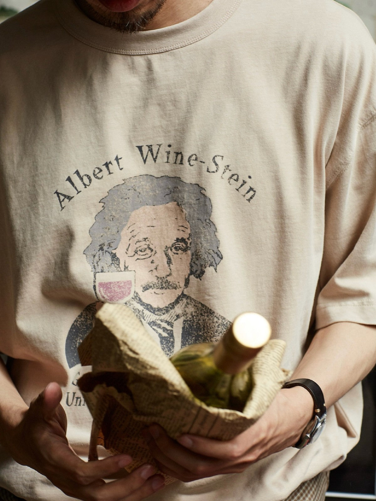 USAGE Vintage Wash Einstein Graphic T Shirt in Beige - On Male Model