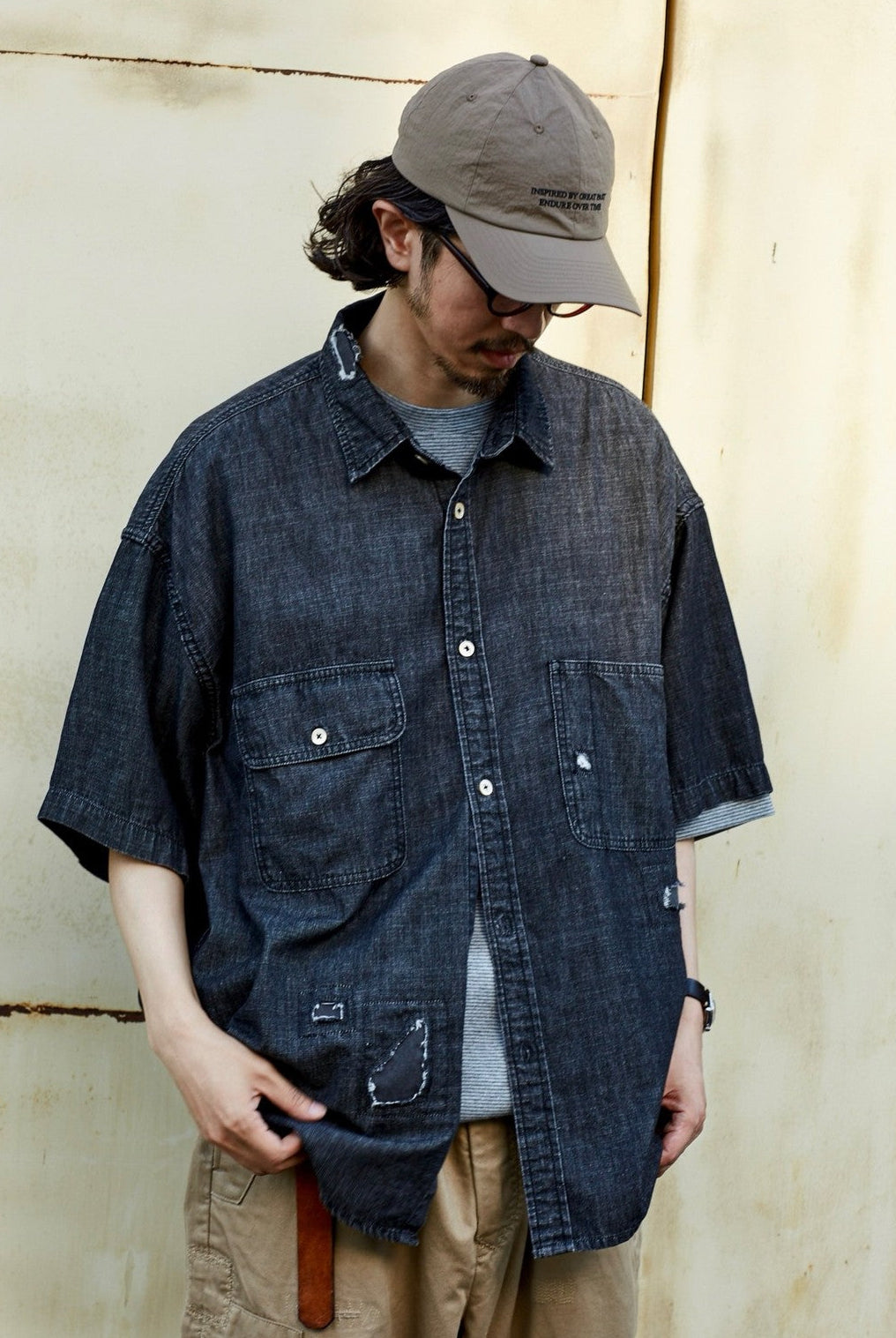 USAGE Distressed Short Sleeve Denim Shirt in Gray - On Male Model