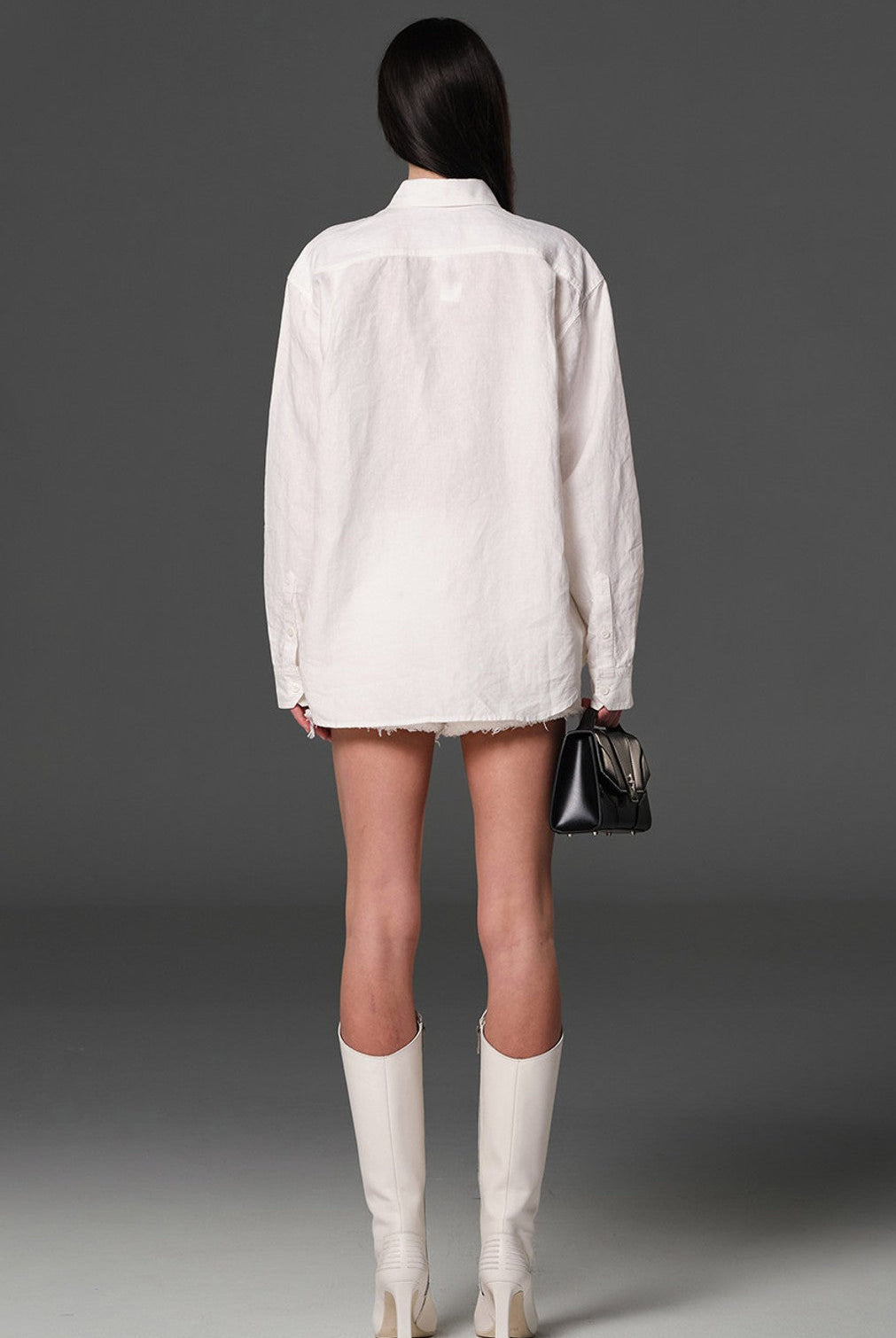 SMFK Long Sleeve Linen Button Down in White - On Female Model