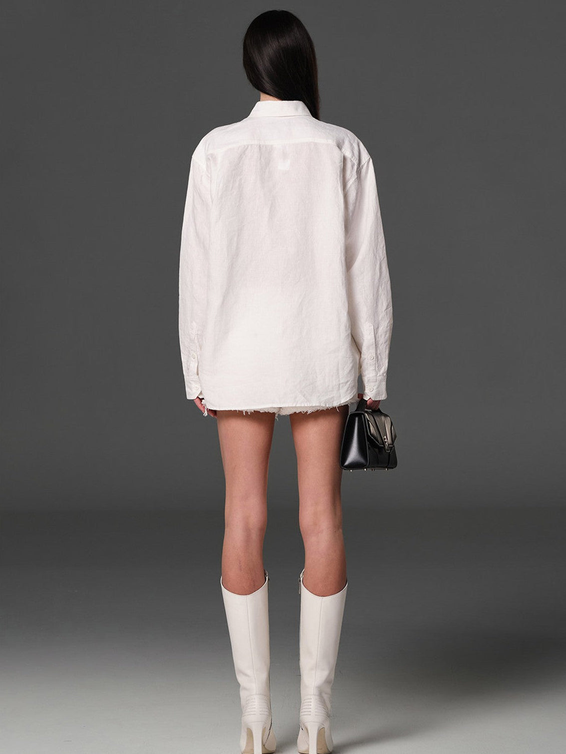 SMFK Long Sleeve Linen Button Down in White - On Female Model