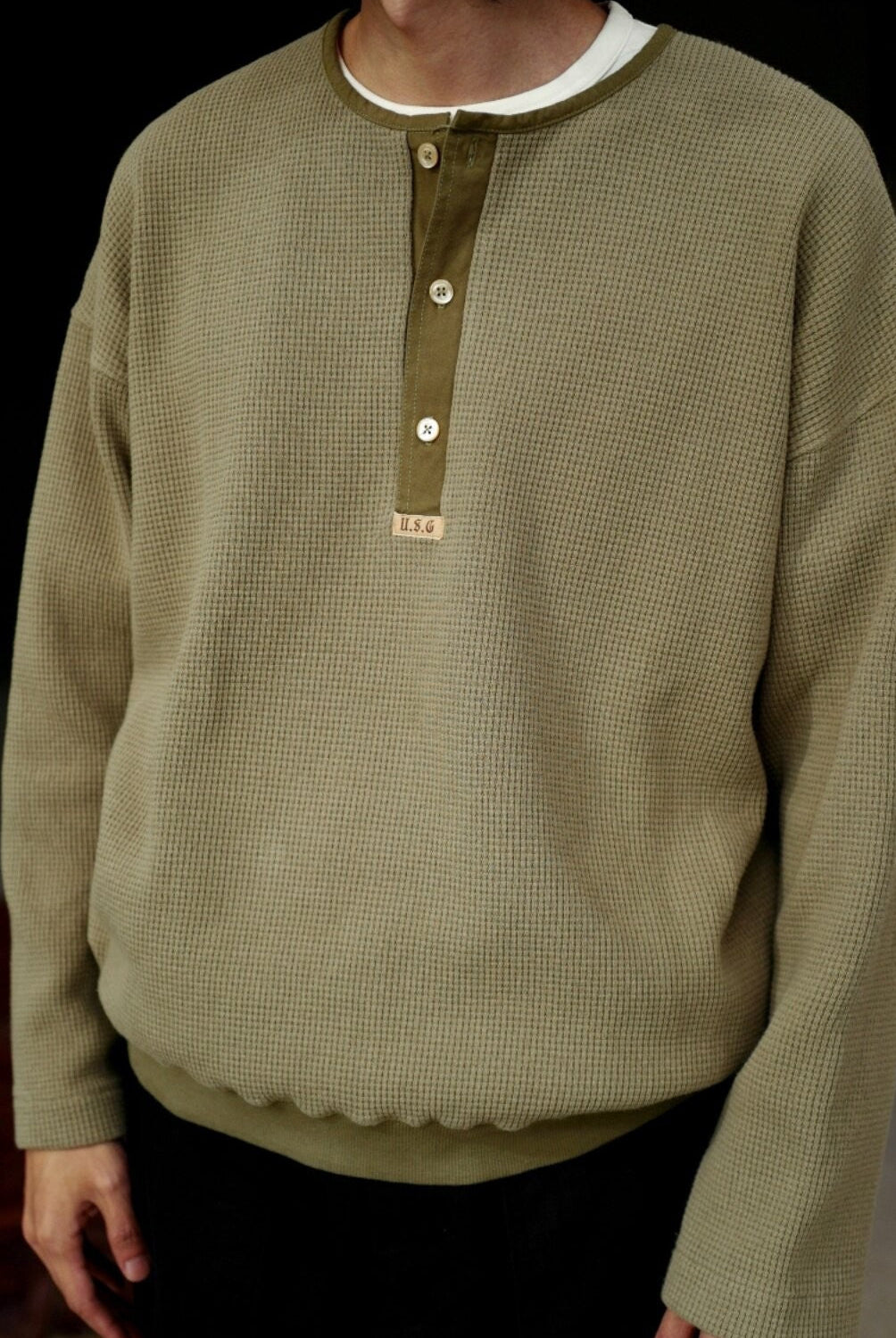 USAGE Heavyweight Waffle Knit Henley Sweatshirt in Olive - On Male Model