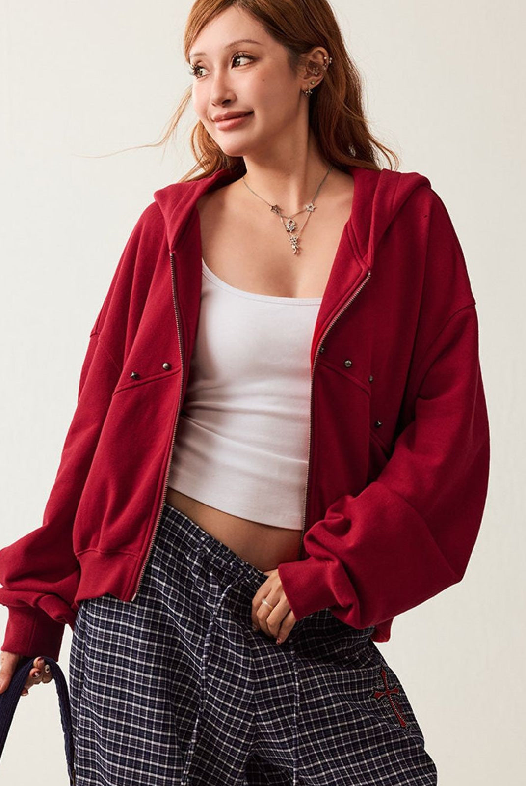 BeerBro Studded Zip Up Cropped Hoodie in Red - On Female Model