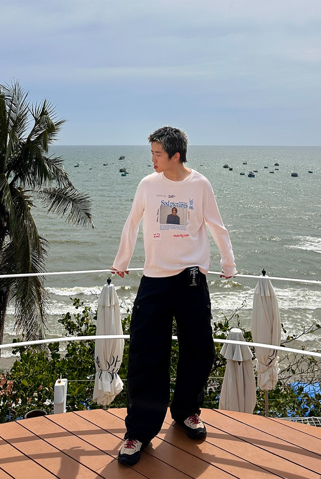 SOD Keanu Graphic Waffle Knit Top in White - On Male Model
