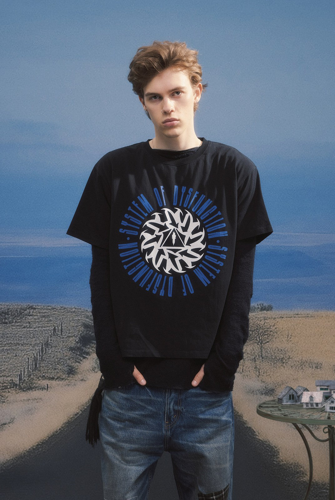 SOD Graphic Print Cotton Boxy T Shirt in Black - On Male Model