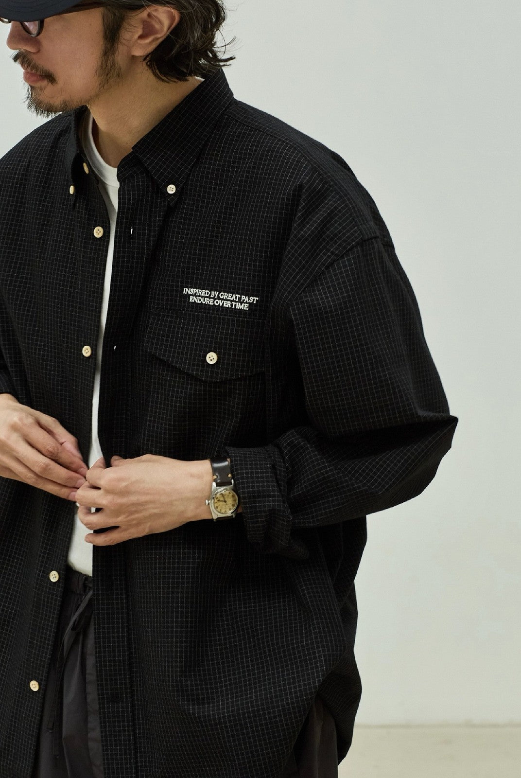 USAGE Oversized Micro Check Button Down Shirt in Black - On Male Model