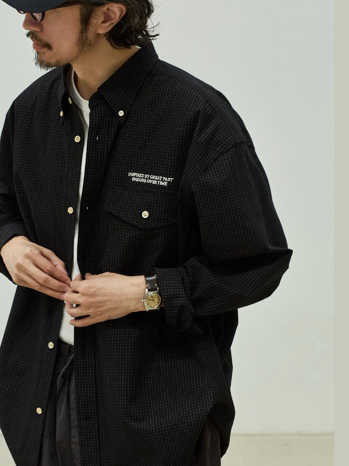 USAGE Oversized Micro Check Button Down Shirt in Black - On Male Model