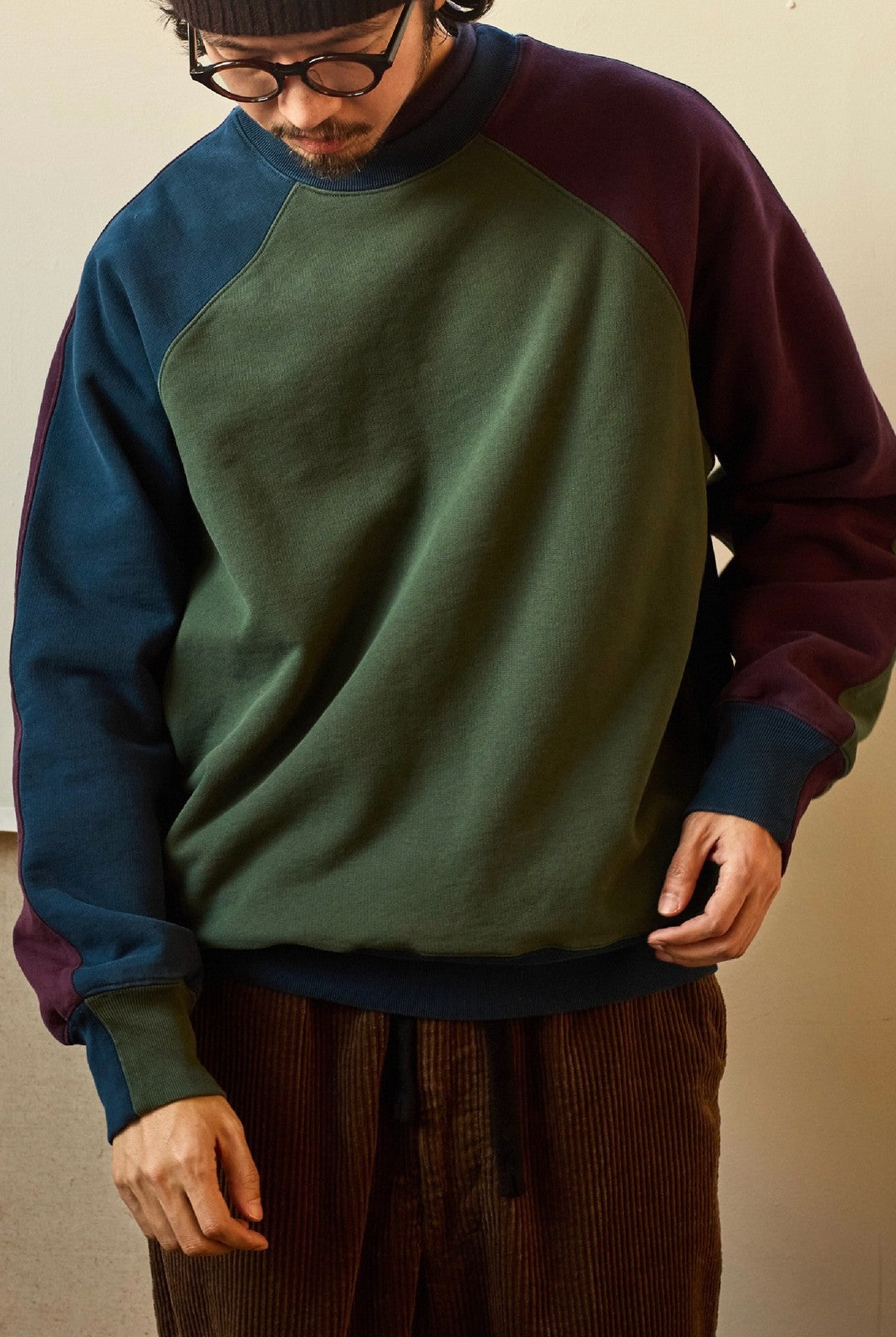 USAGE Colorblock Raglan Cotton Sweatshirt in Green - On Male Model