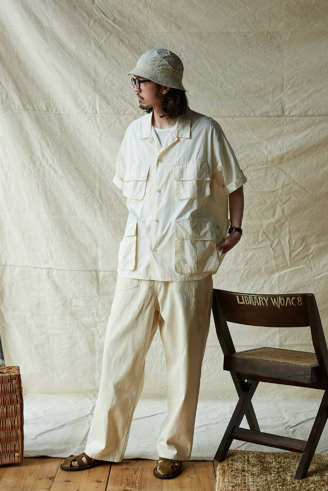 USAGE Vintage Neppy Cotton Straight Leg Jeans in Cream - On Male Model