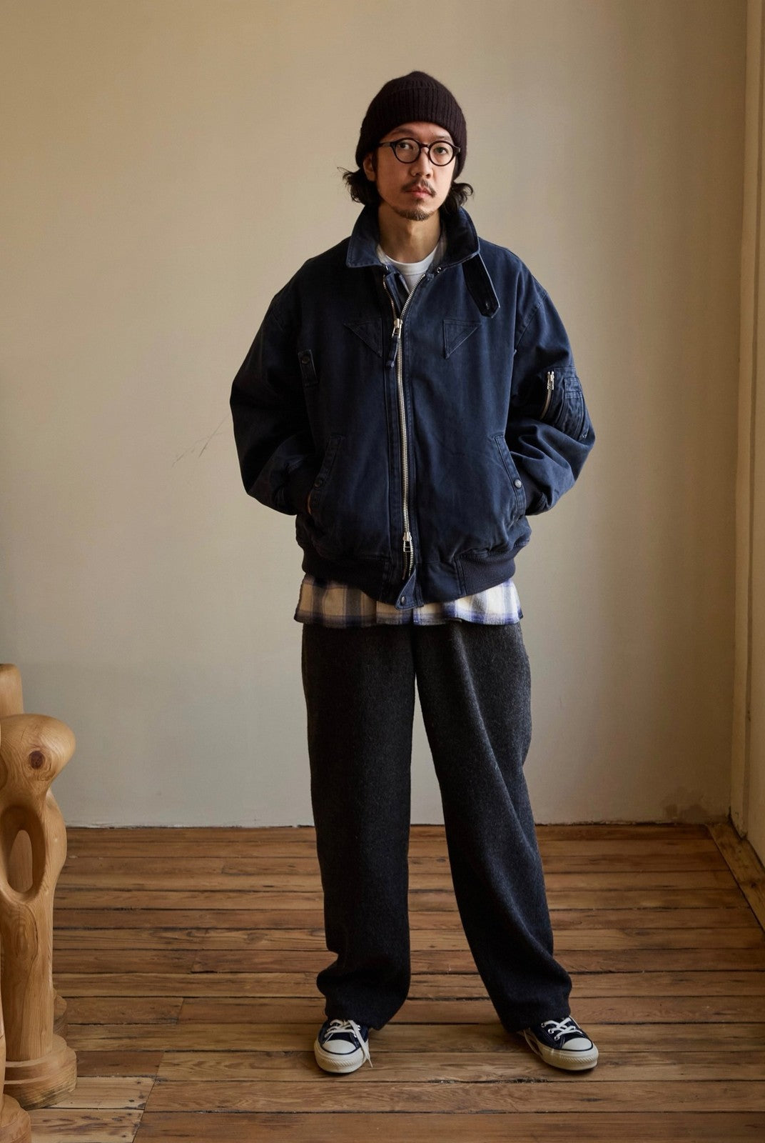 USAGE Washed Cotton Lyocell B 15 Bomber in Navy - On Male Model