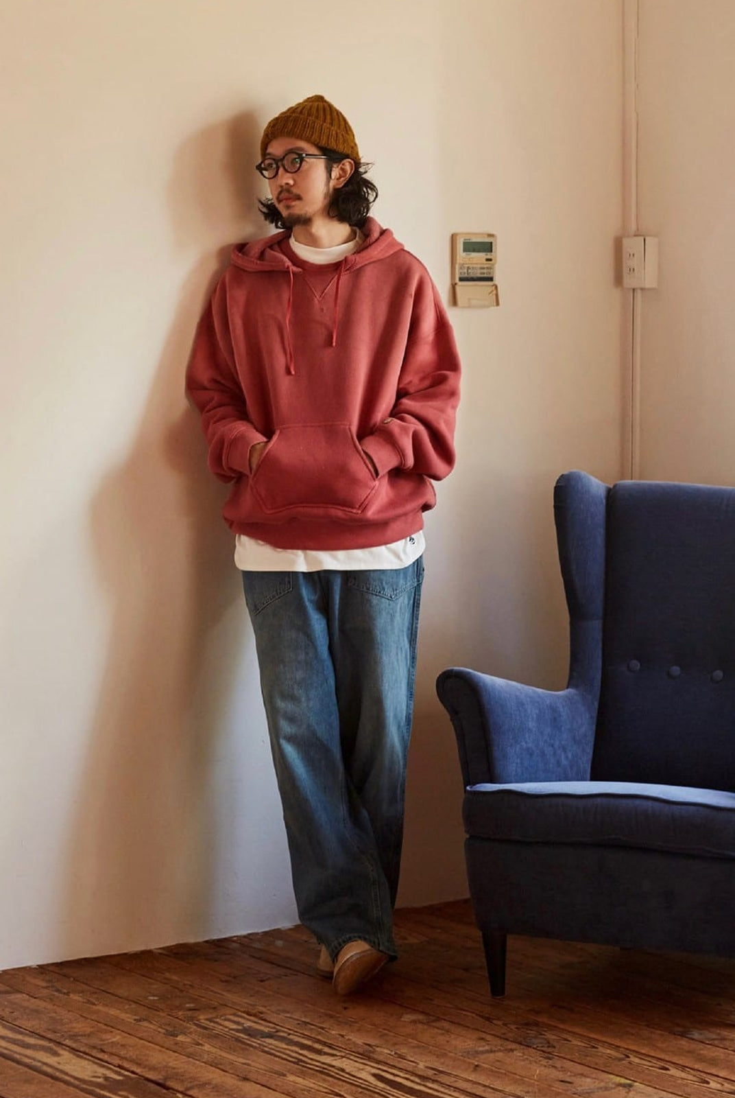 USAGE Faded Vintage Wash Hoodie in Red - On Male Model