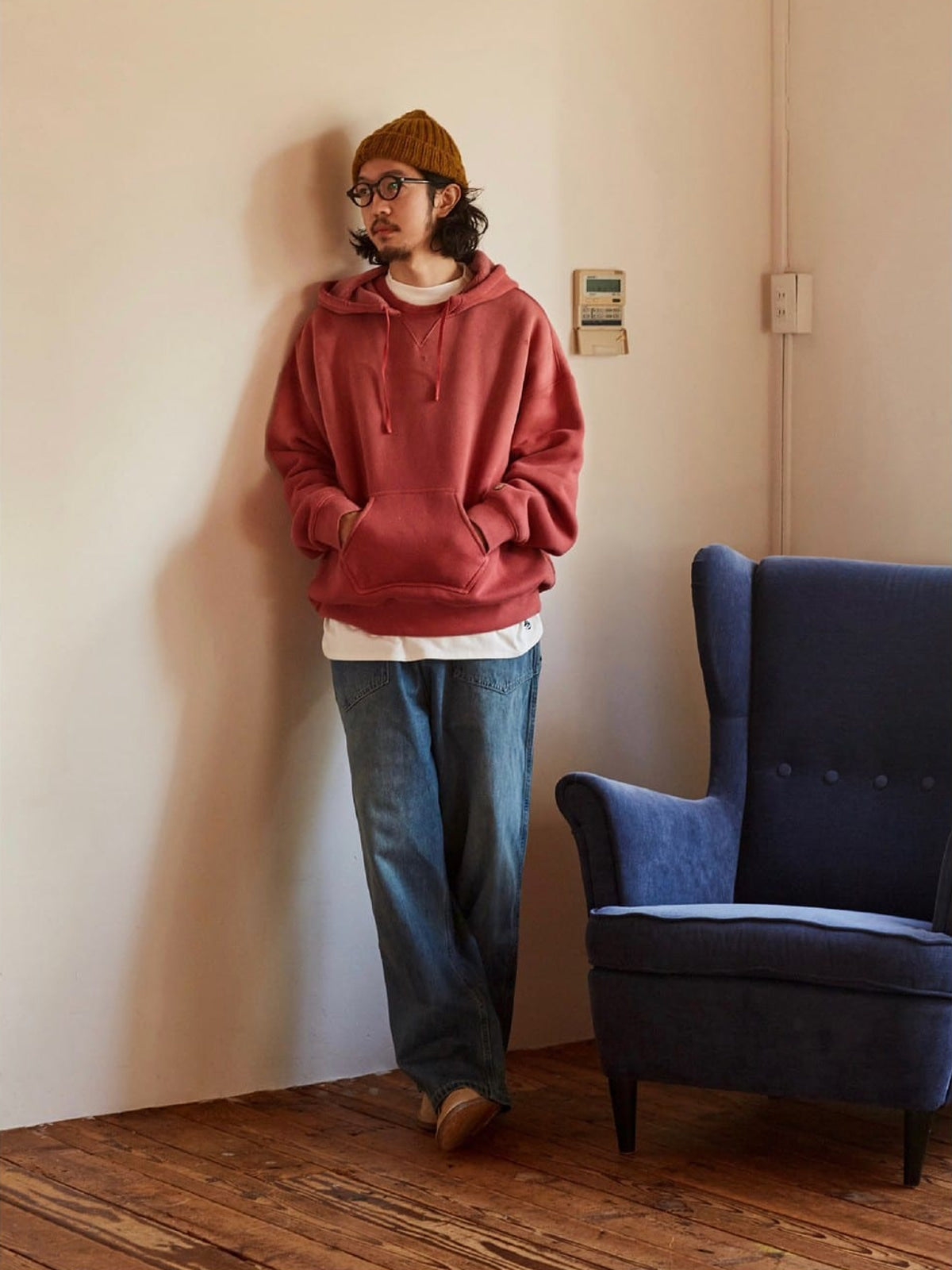 USAGE Faded Vintage Wash Hoodie in Red - On Male Model