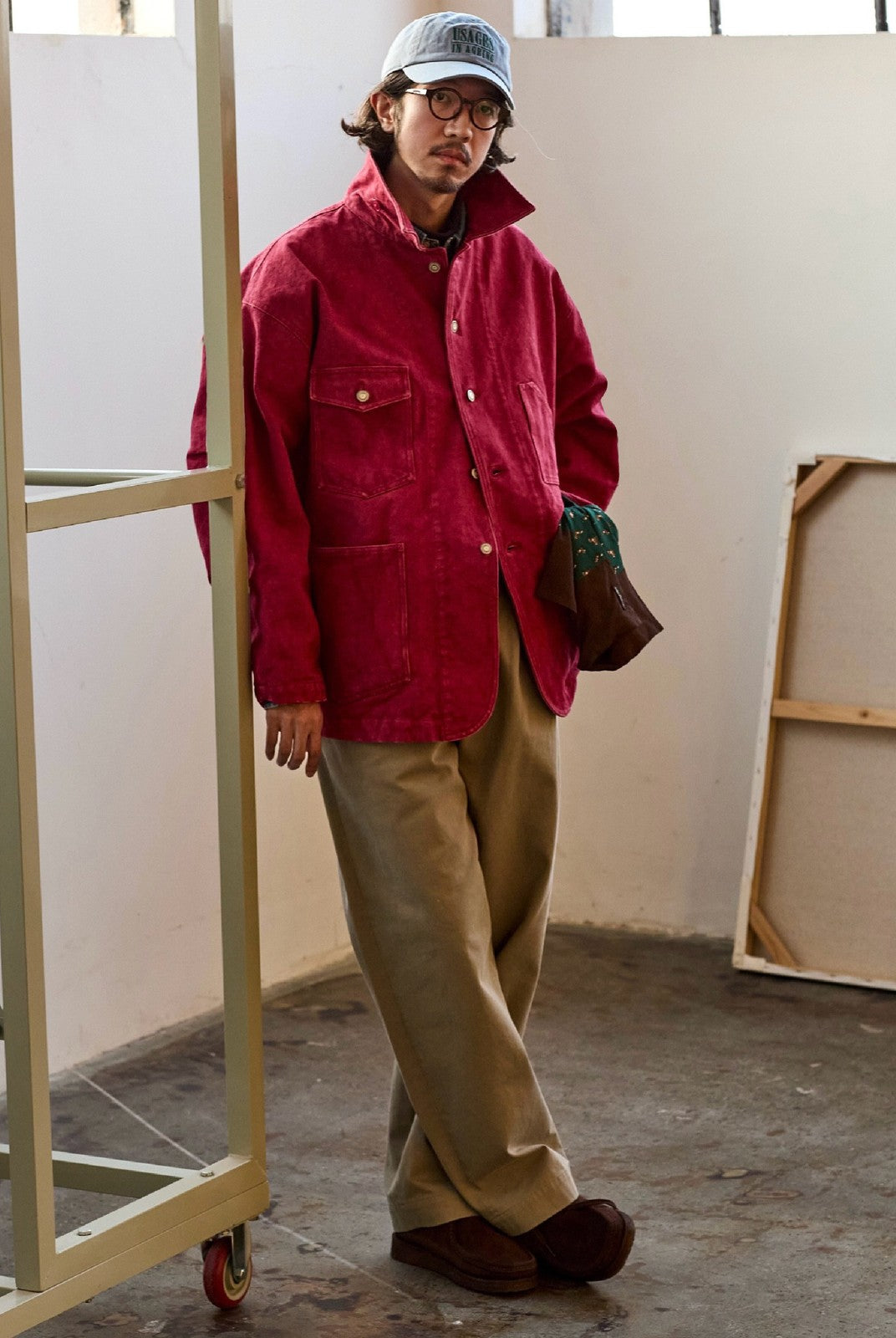 USAGE Washed Heavyweight Cotton Chore Jacket in Red - On Male Model