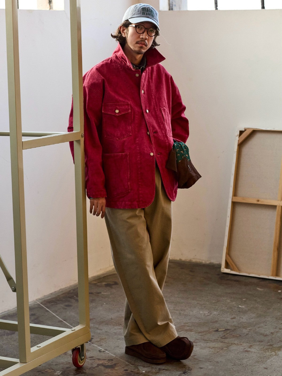 USAGE Washed Heavyweight Cotton Chore Jacket in Red - On Male Model