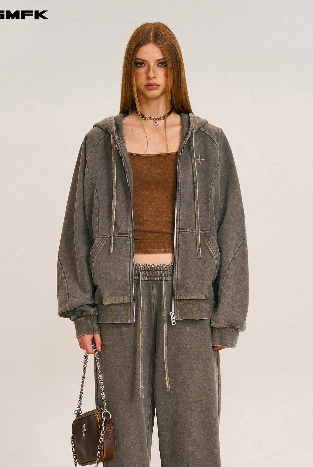SMFK Distressed Washed Cotton Zip Up Hoodie in Dark Gray - On Female Model
