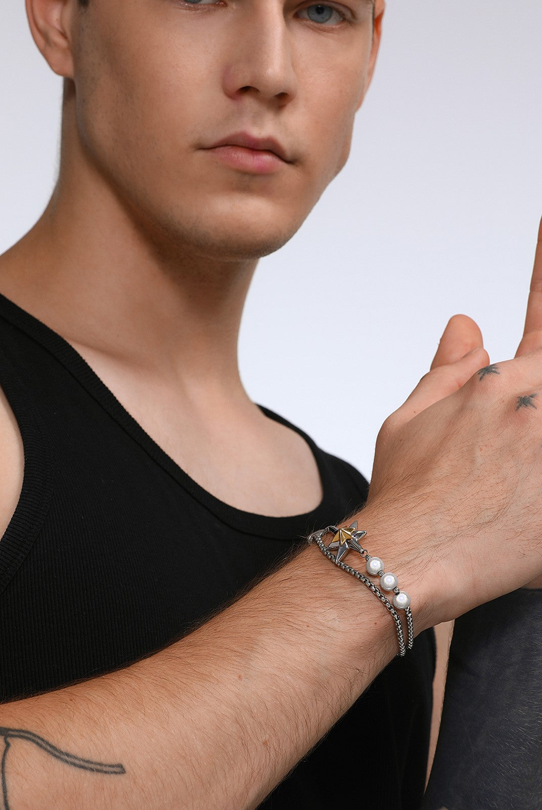 BLACKHEAD Two Tone Star Pearl Bracelet in Gold - On Male Model