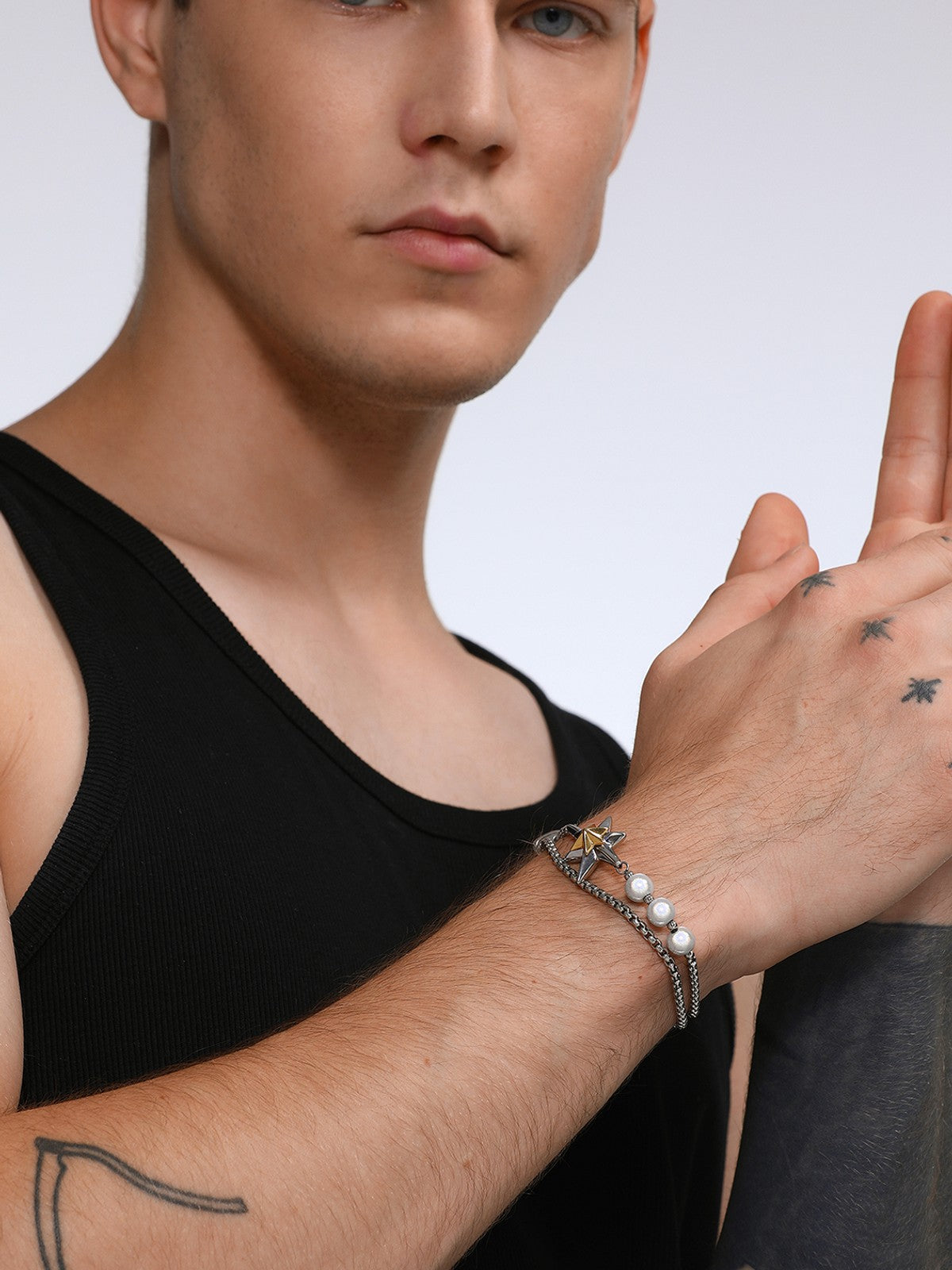 BLACKHEAD Two Tone Star Pearl Bracelet in Gold - On Male Model