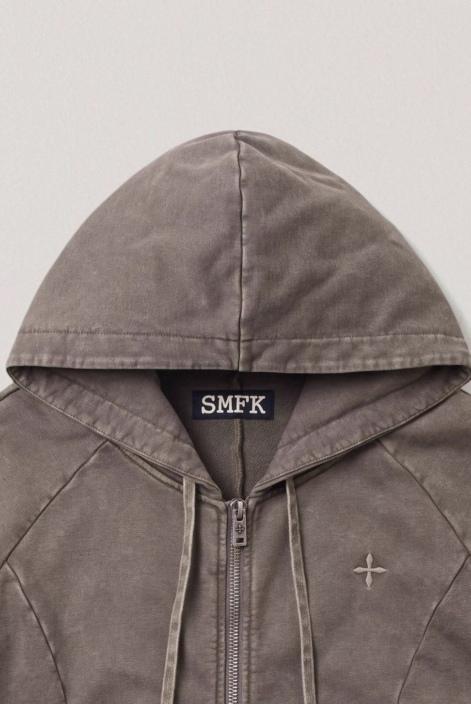 SMFK Washed Cotton Zip Up Hoodie in Dark Gray - Detail