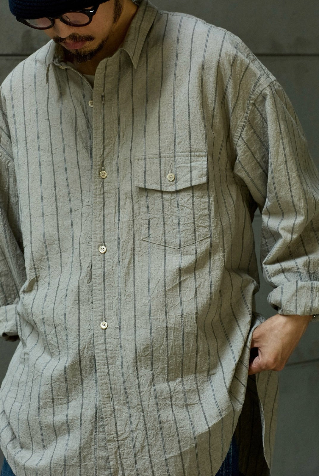 USAGE Crinkled Cotton Striped Button Down in Beige - On Male Model