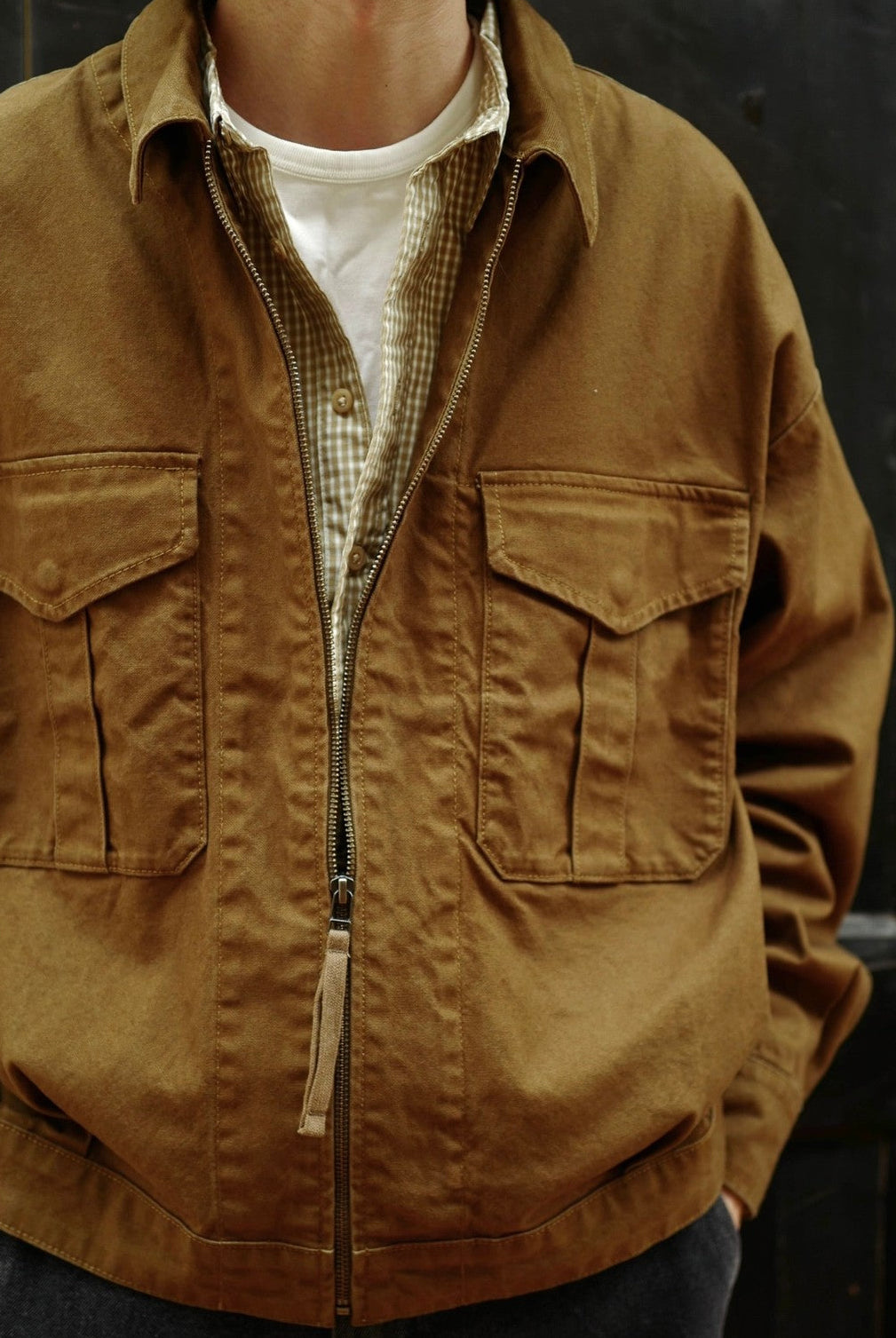 USAGE Heavyweight Canvas Cropped Workwear Jacket in Brown - On Male Model