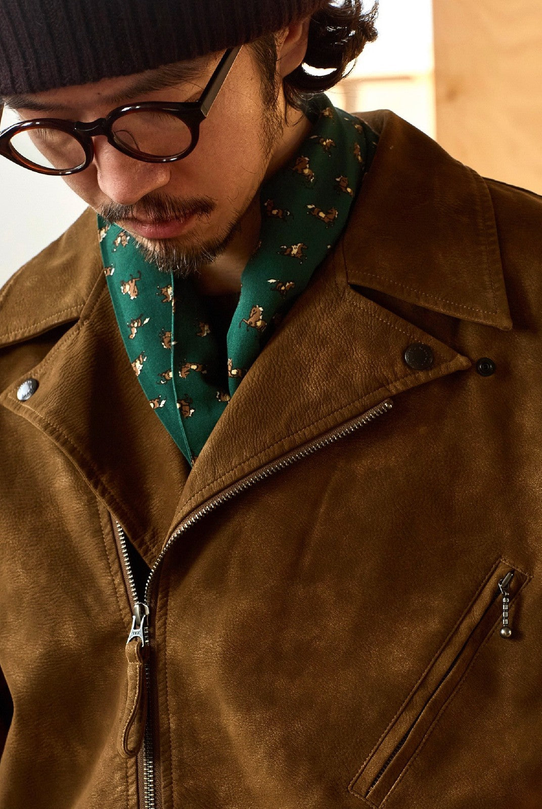 USAGE Distressed Faux Suede Moto Jacket in Brown - On Male Model
