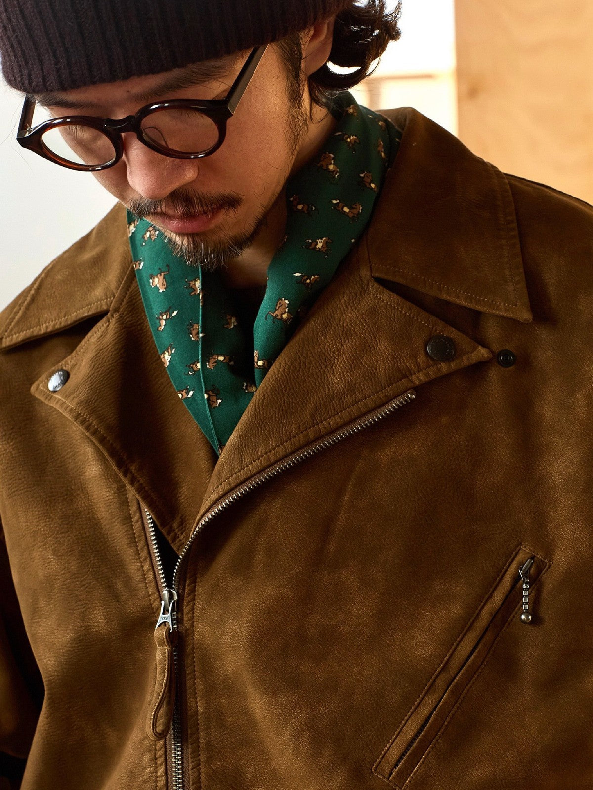 USAGE Distressed Faux Suede Moto Jacket in Brown - On Male Model
