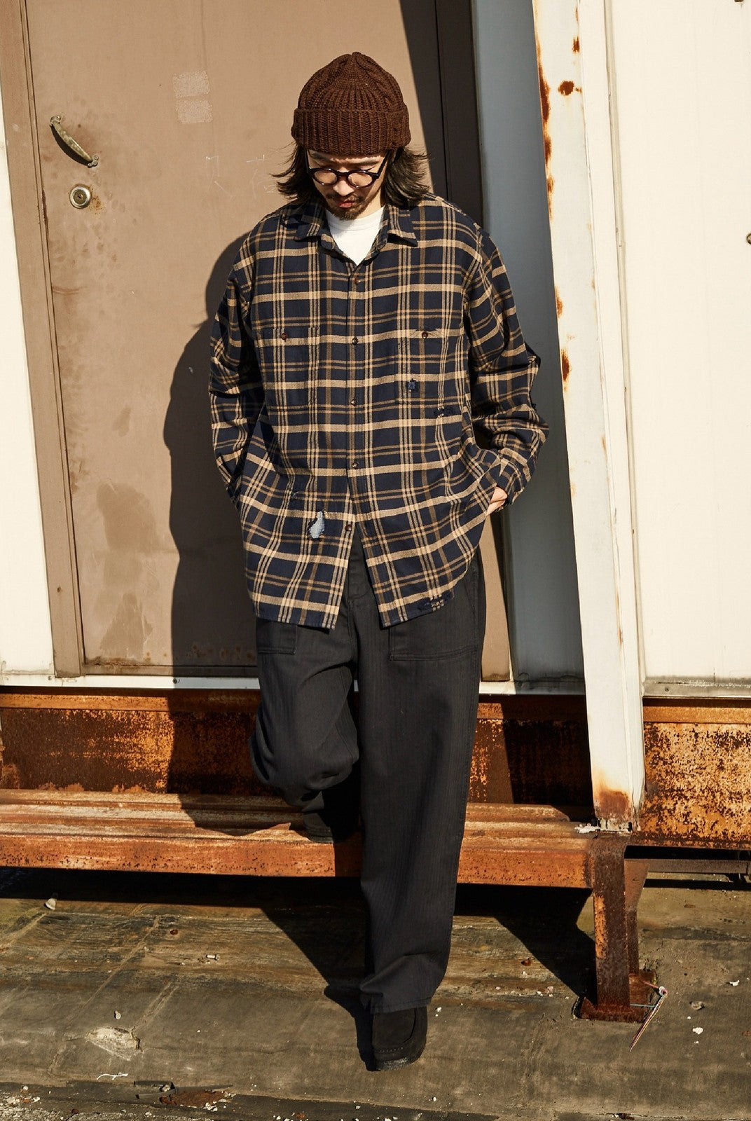 USAGE Heavyweight Herringbone Baker Pants in Navy Blue - On Male Model