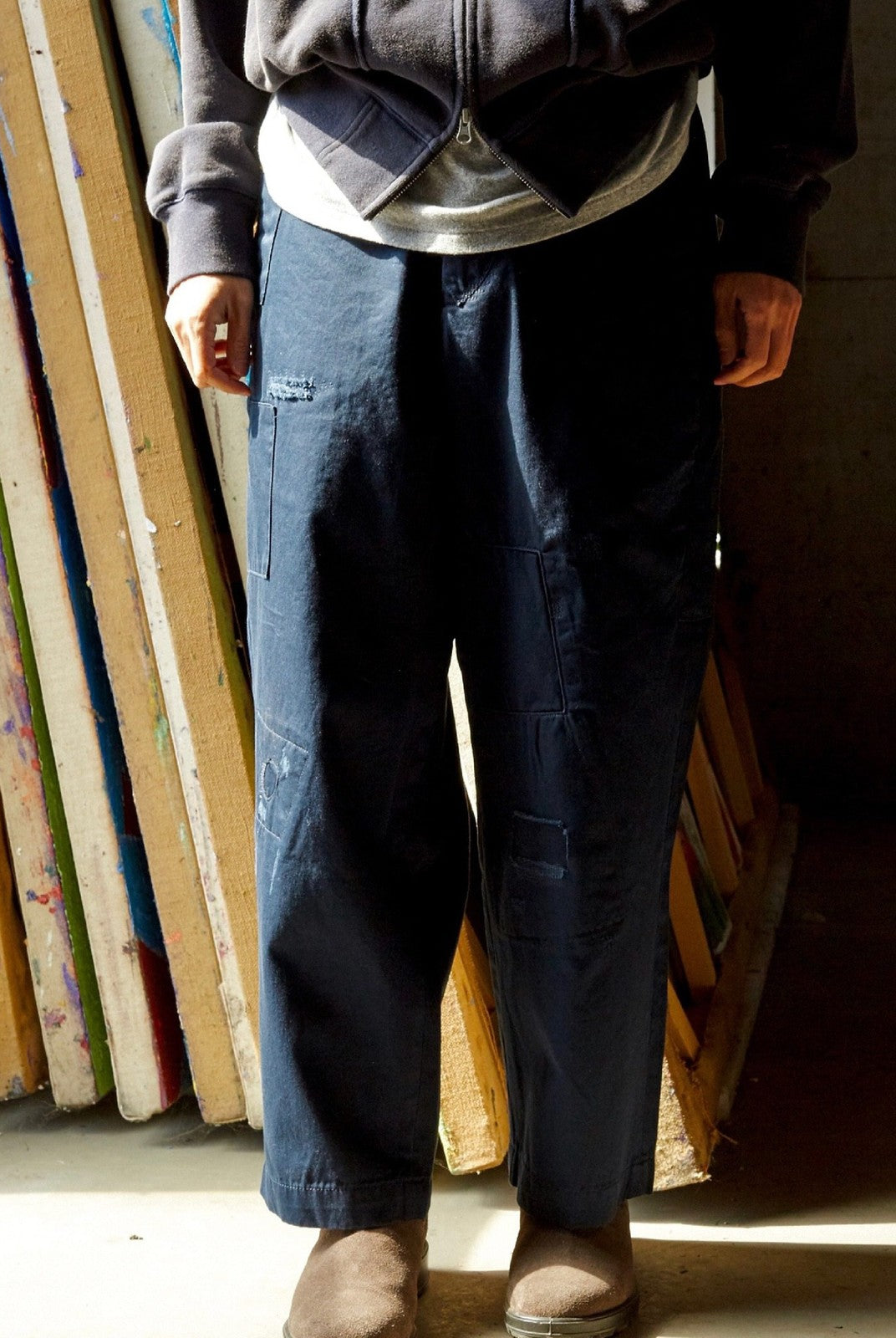 USAGE Hand Distressed Patched Chinos in Navy Blue - On Model