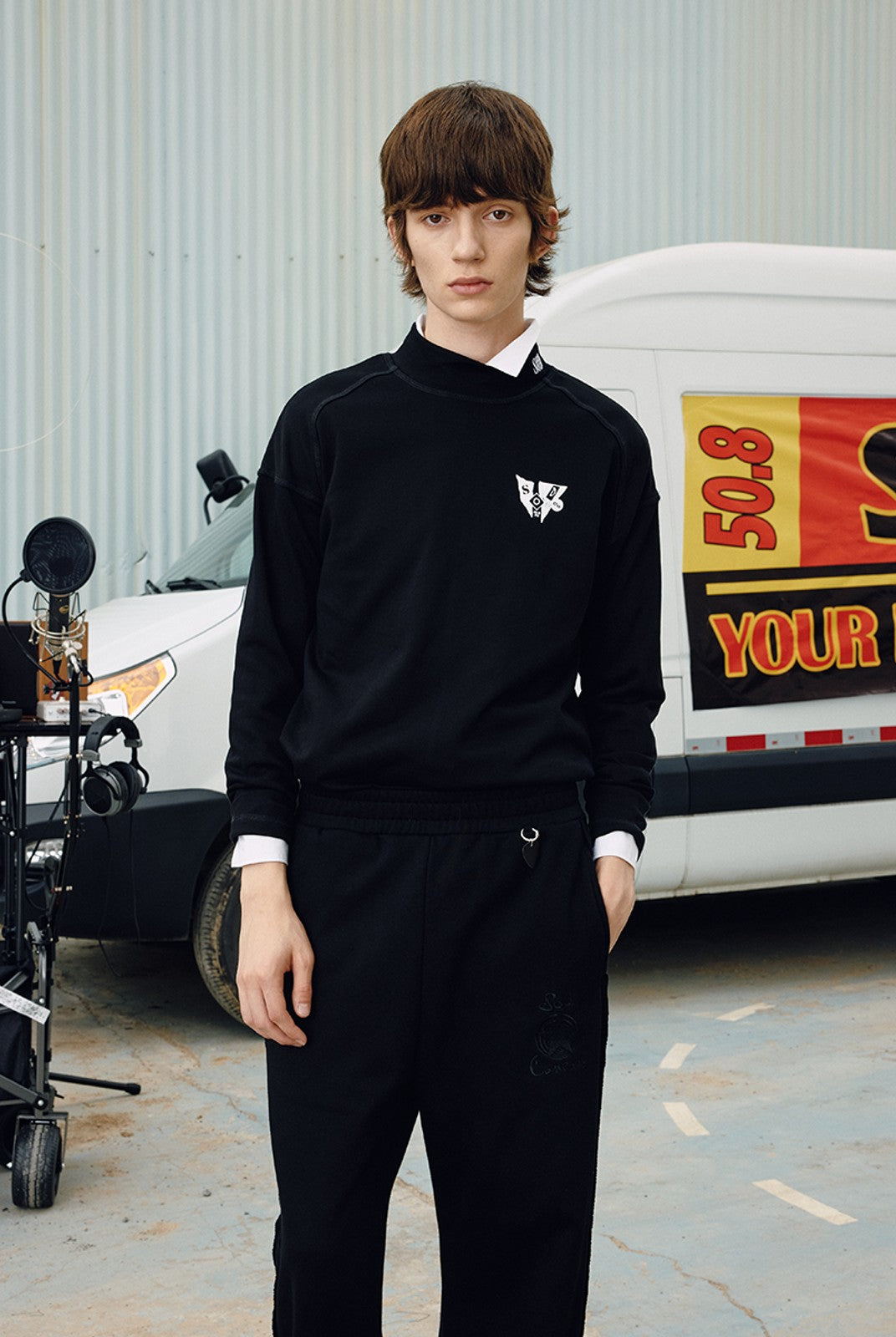 SOD Embroidered Mock Neck Top in Black - On Male Model