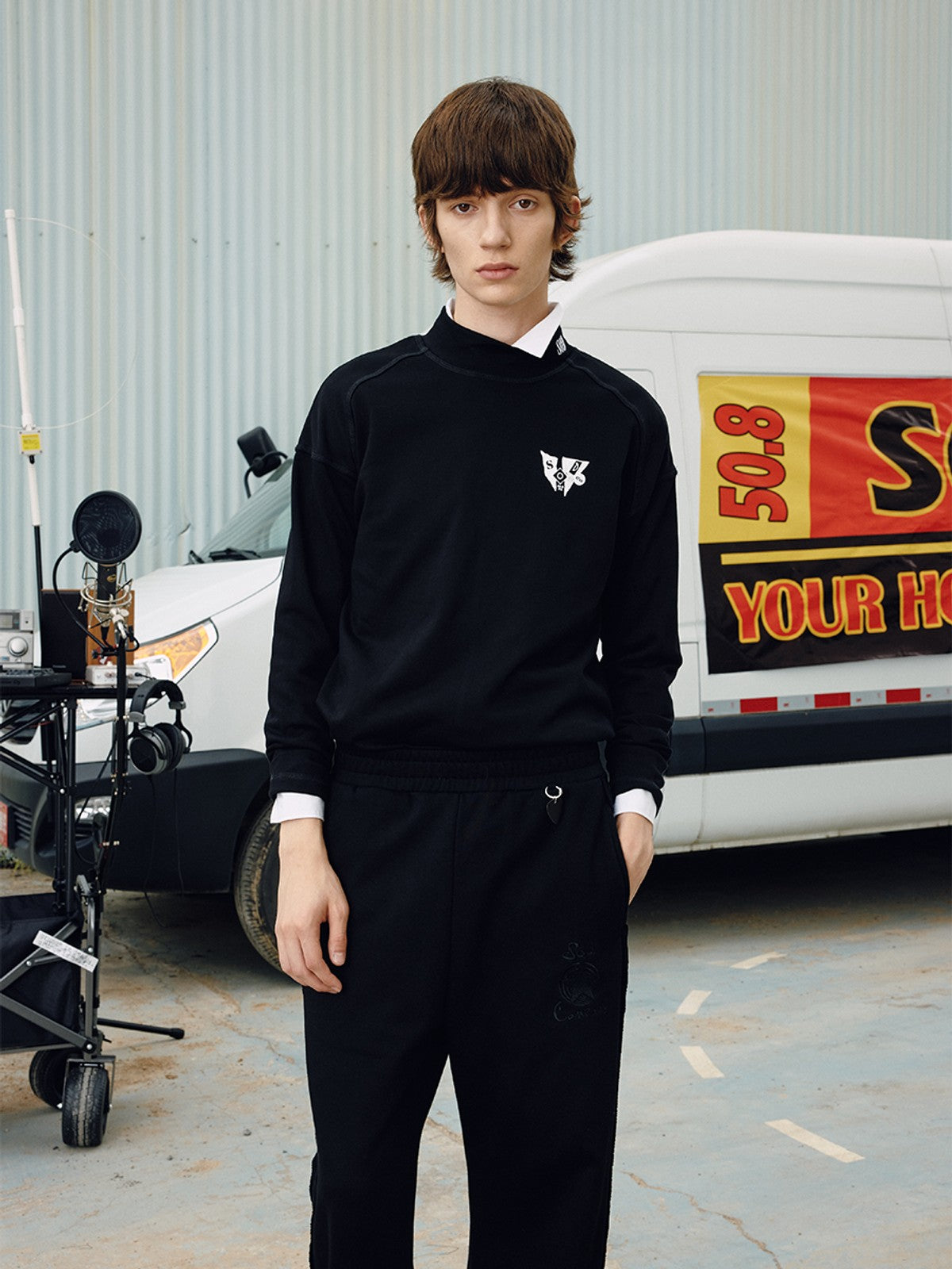 SOD Embroidered Mock Neck Top in Black - On Male Model