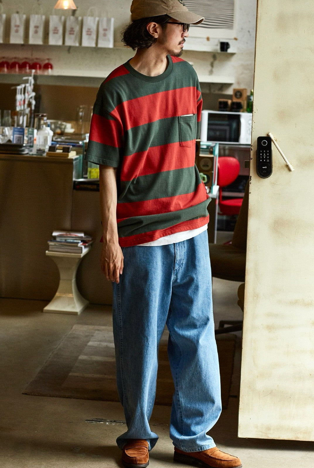 USAGE Wide Striped Cotton Pocket T Shirt in Green - On Male Model