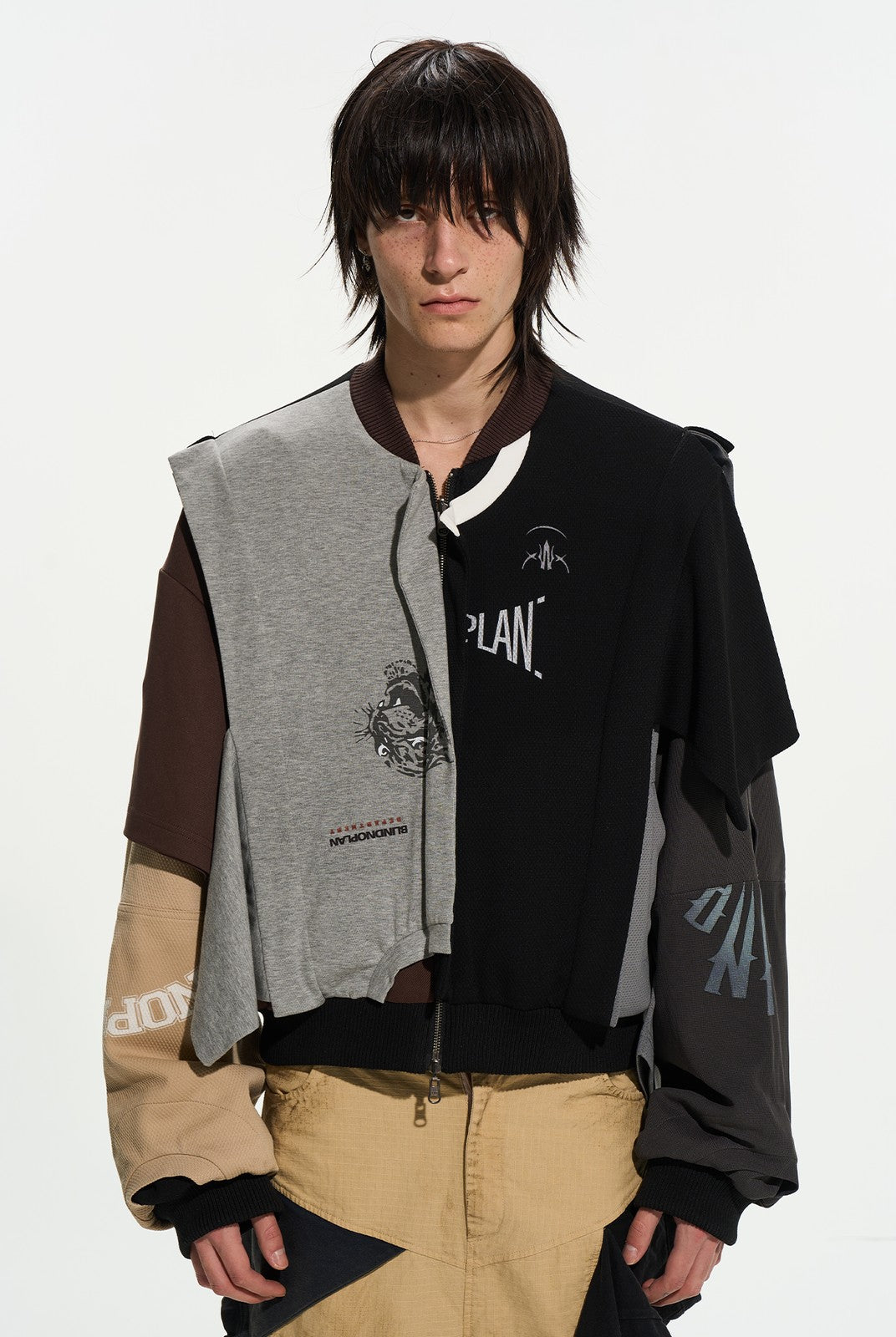 BLINDNOPLAN Reversible Patchwork Bomber Jacket in Beige - On Male Model