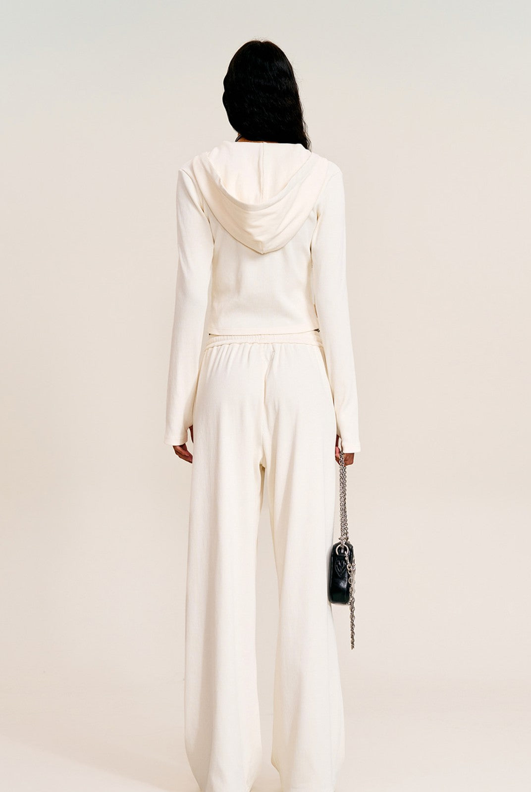 SMFK Washed Ribbed Zip Up Hoodie in Cream - On Female Model